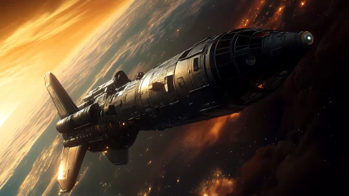Futuristic spacecraft in low orbit above illuminated planet.