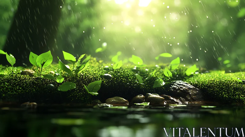 Soft rain nurtures bright green seedlings in a mossy forest