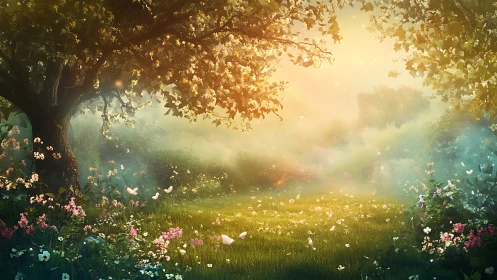 Sunlit meadow doorway into a softly glowing secret garden.