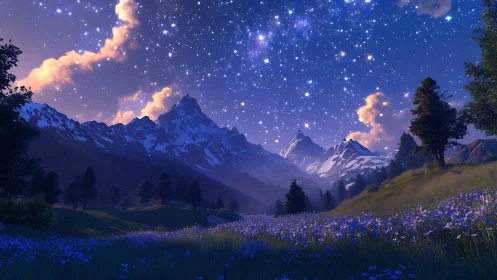 Mountain valley under star field with twilight cloud bands.