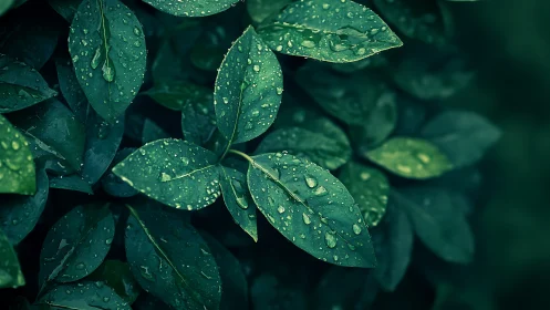 Rain-drenched green leaves in deep moody close-up focus.