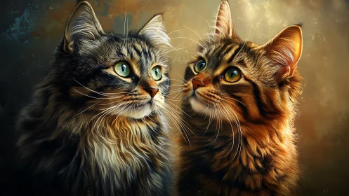 Two Domestic Cats in Studio Lighting with Golden Background