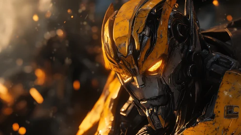 Battle-scarred yellow mech head with molten ember eyes.