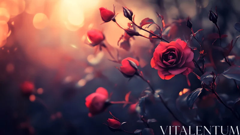 Backlit rose macro with shallow depth of field and warm bokeh glow