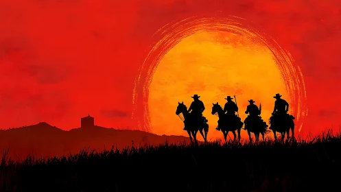 Cowboy silhouettes ride at sunset against red sky.