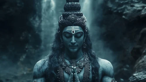 Divine blue deity in meditative frontal pose amid misty gorge