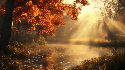 Golden autumn forest pond with soft morning sunlight.