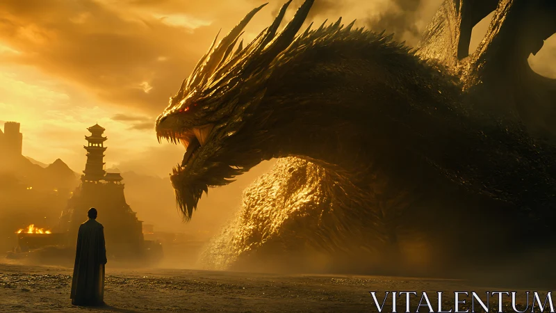 Lone figure confronts colossal dragon in blazing golden dusk