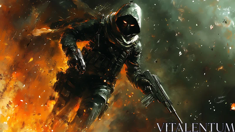 Hooded warrior strides through firelit battlefield storm.