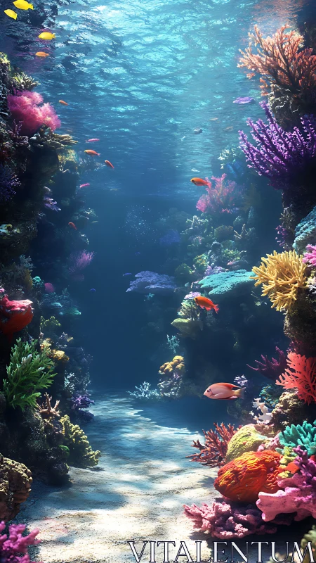 Coral reef passage with tropical fish and filtered sunlight.
