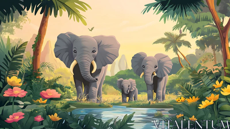 Elephant family in tropical forest by reflective stream.