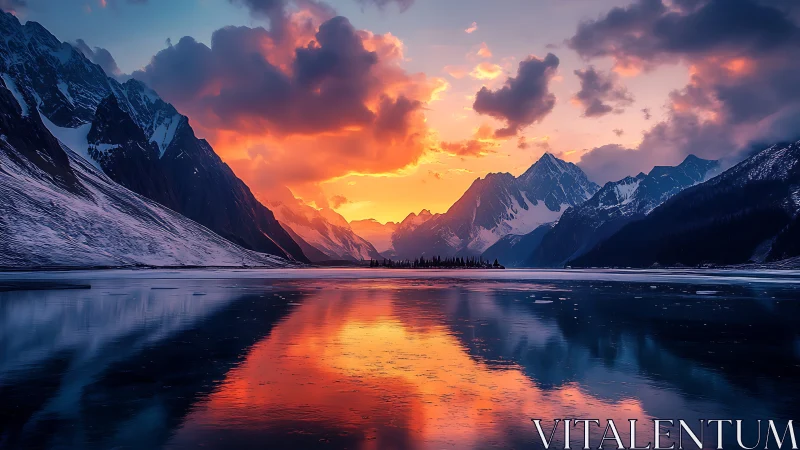 Glacial mountain basin at sunset with specular sky reflection.