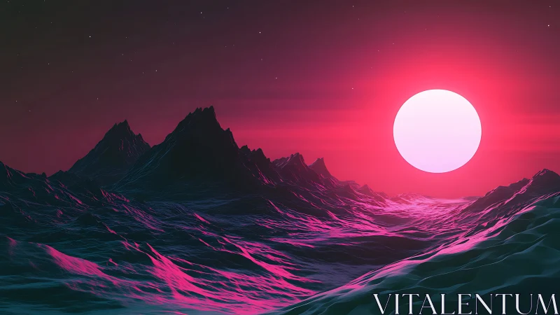 Neon magenta sun over low-poly alien mountain seascape.