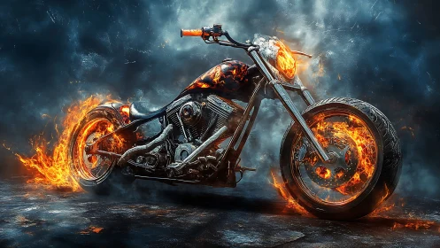 Infernal chopper motorcycle engulfed in dynamic digital flames.