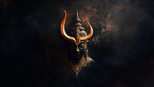 Bronze horned deity bust rendered with dramatic chiaroscuro lighting