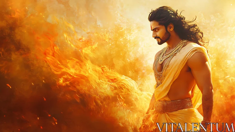 Warrior demigod in golden flames, dramatic digital portrait.