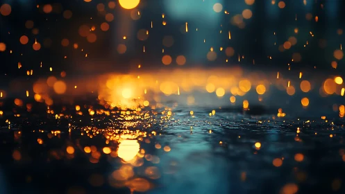 Golden rainlit street glowing with soft evening warmth.