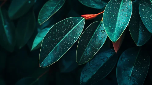 Macro study of wet tropical leaves under low key lighting