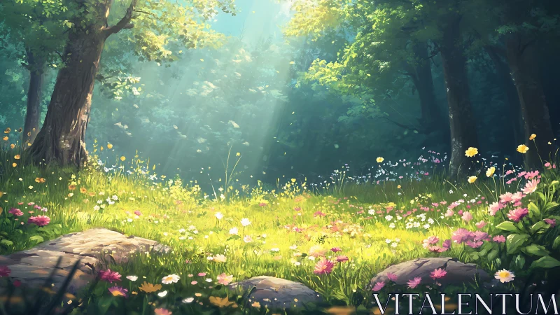 Luminous Forest Clearing with Pastoral Wildflower Composition