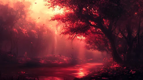 Red forest stream under diffuse backlit canopy at dusk.