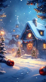Snowy Christmas village glows softly with warm golden lights