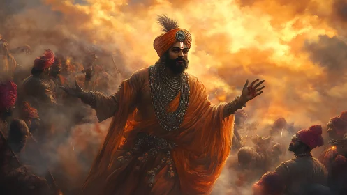 Regal warrior orator in turbulent orange battlefield haze.