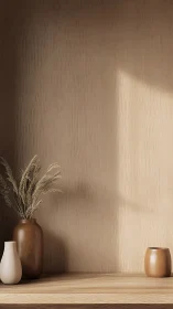 Minimalist shelf with neutral vases and dried grass decor.