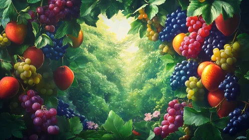 Sunlit fruit arch frames lush summer forest path.