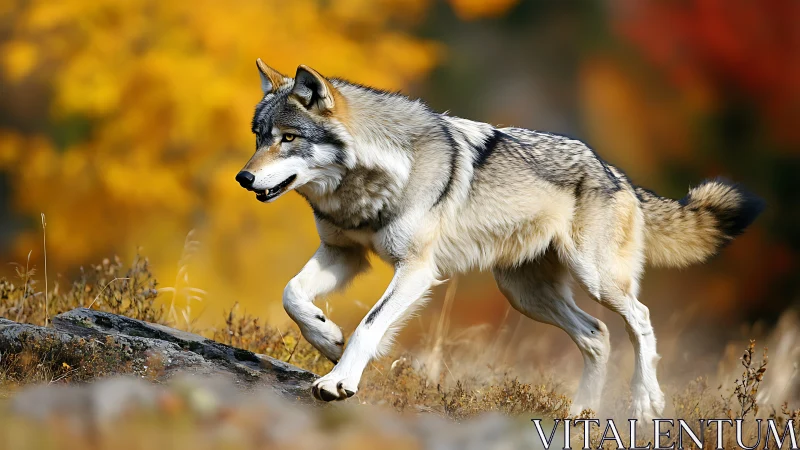 Photorealistic wolf in dynamic autumn wilderness composition.