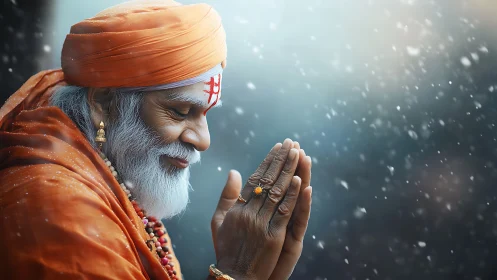Side-lit elder in orange robes praying amid shallow-depth snowfall