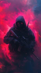 Hooded sentinel in neon mist stepping from the shadows.