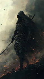 Shadow-cloaked ranger strides through embers and storm-torn smoke.