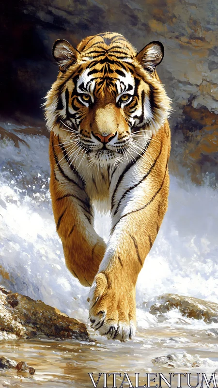 Tiger walking through shallow mountain stream in daylight.