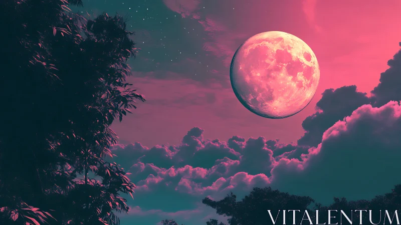 Surreal pink moon illuminates dreamlike tropical clouds.