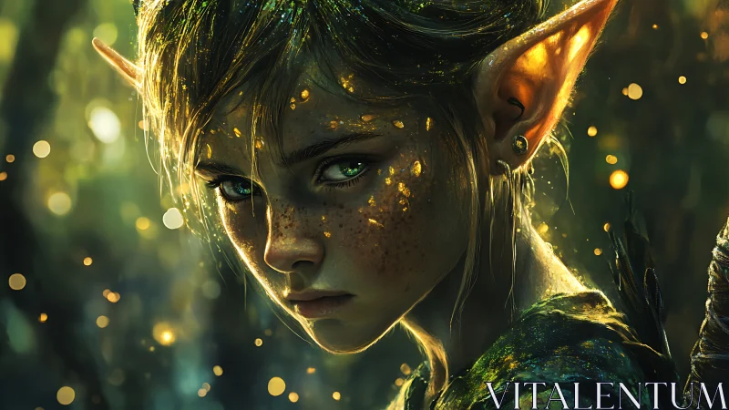 Forest elf child bathed in golden twilight fireflies.