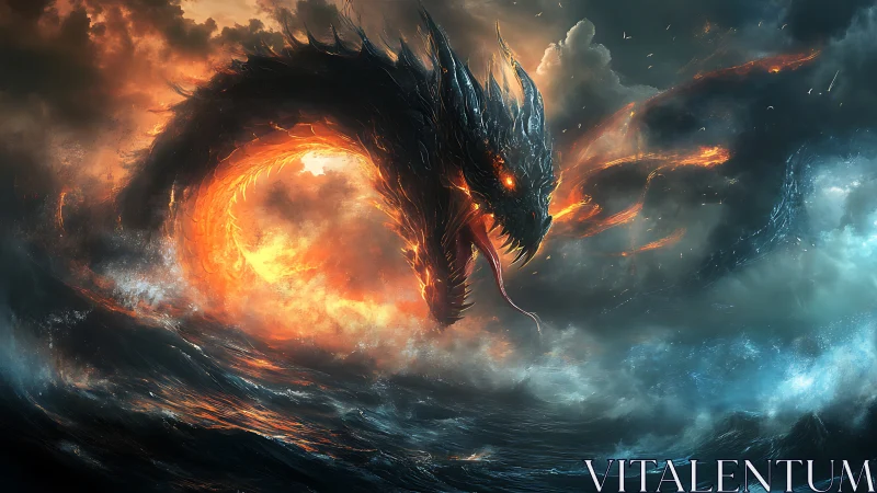 Elemental sea dragon arc in high-contrast fantasy digital painting.