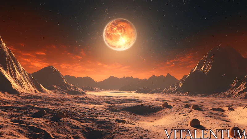 Fiery alien moonrise above rugged red desert canyon.