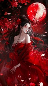 Moonlit lady in flowing red silk under a crimson sky.