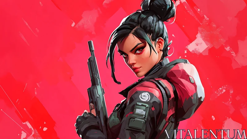 Armed female operative rendered in bold red digital art
