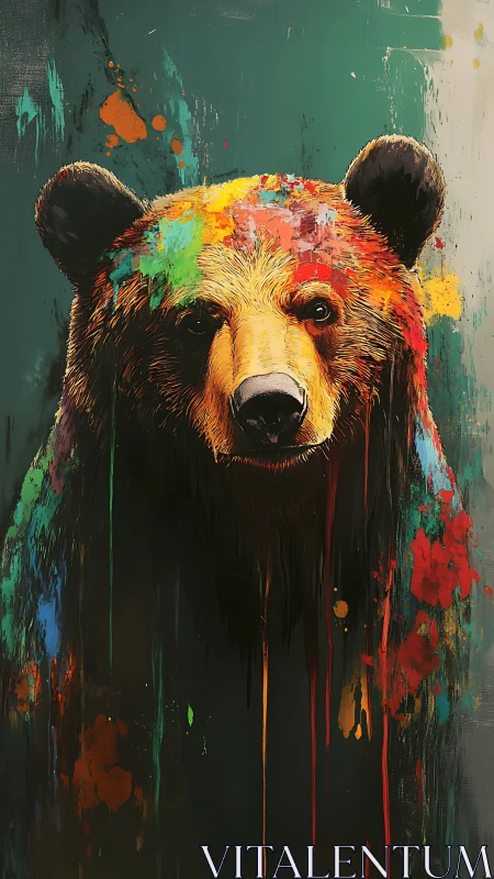 Paint-splashed grizzly emerges from dripping neon wilderness.