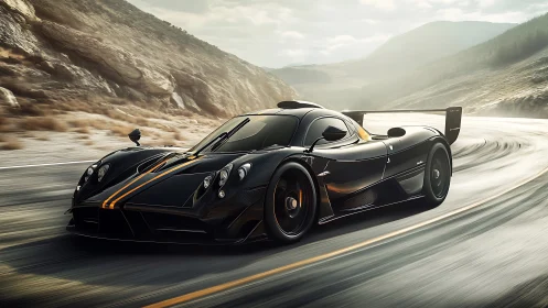 Carbon fiber track hypercar cornering on mountain pass