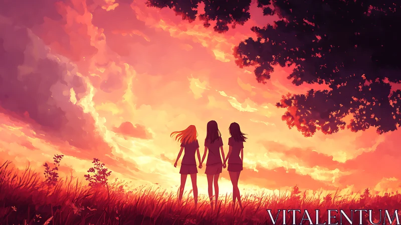 Three Friends Silhouetted at Sunset in Vibrant Anime Style.