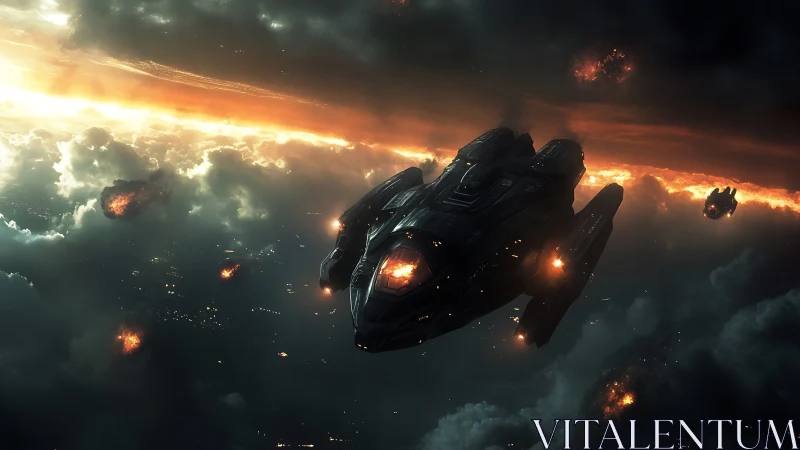 Stormline gunship cruising a burning orbital battlefield.