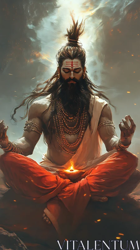 Ascetic yogi meditates amid swirling divine firelight