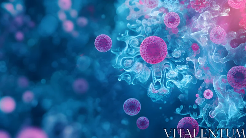 Abstract microscopic virus cells in vibrant blue and pink hues.