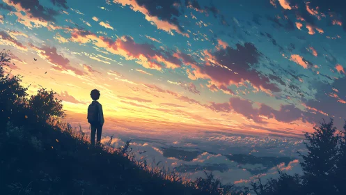 Anime landscape skyline with solitary figure at sunrise horizon.