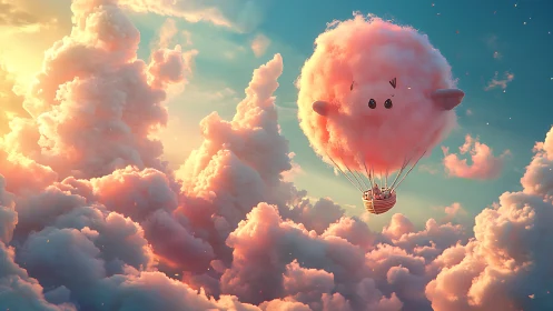 Cotton candy character balloon drifting through luminous clouds