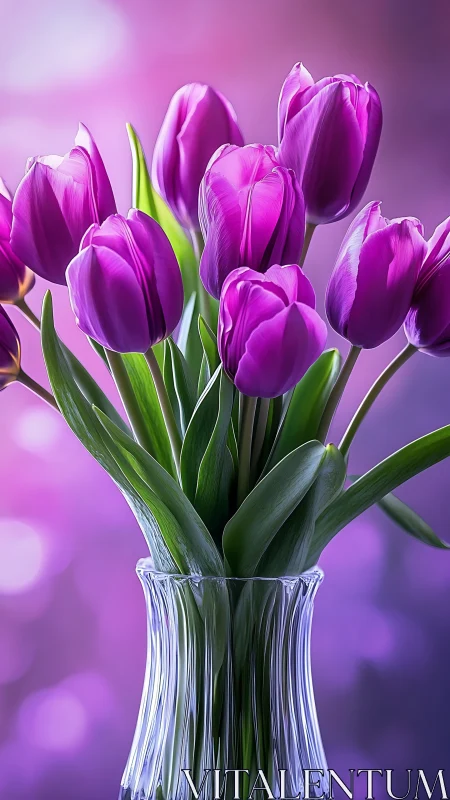 Vibrant Purple Tulip Bouquet in Crystal Vase with Gradient Background