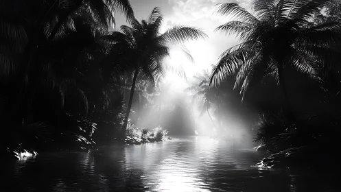 Misty Tropical River Through Palm Silhouettes.