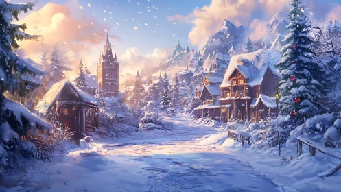 Snow covered mountain village street at winter sunset.